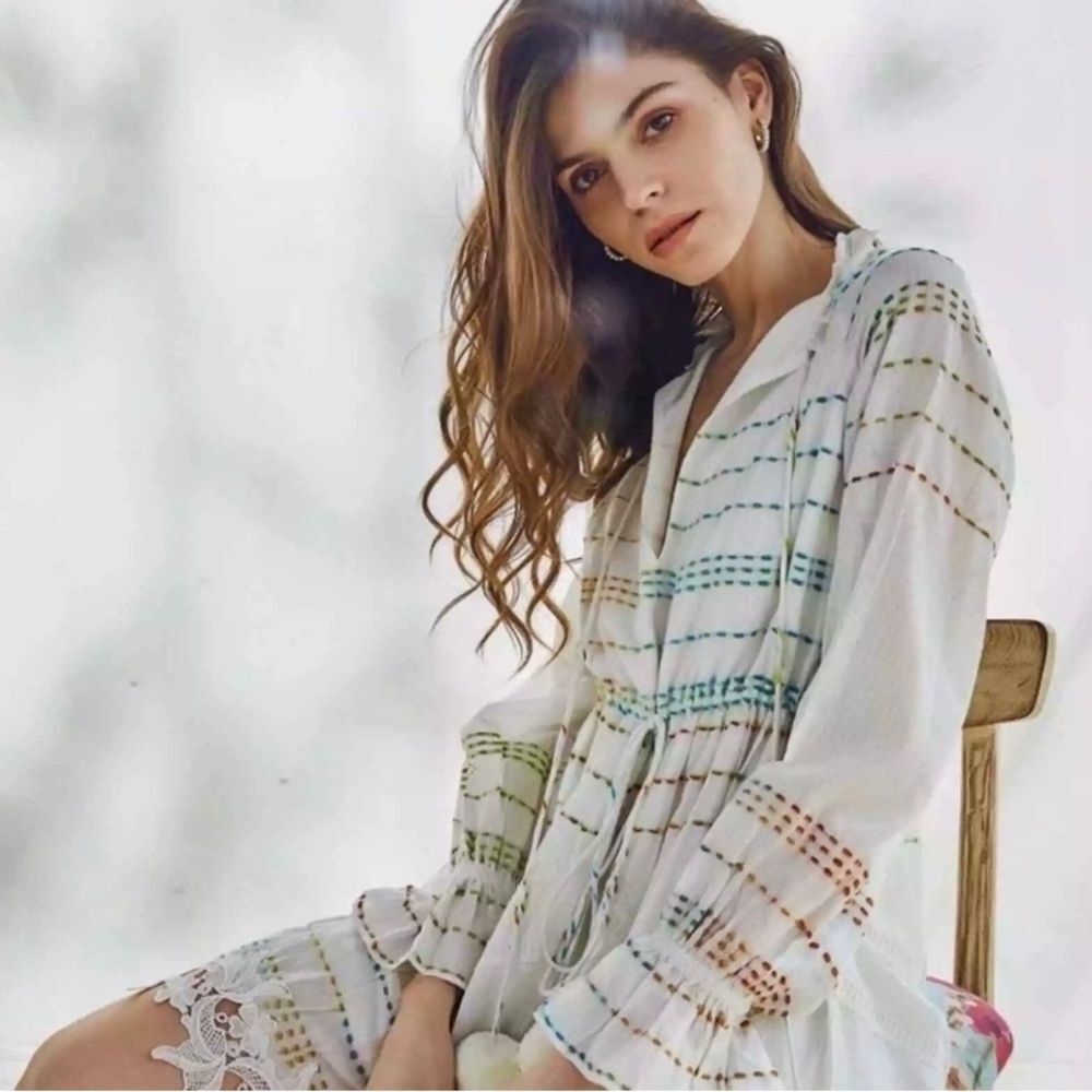 Hemant & Nandita Thea White Gauze Boho Embroidered Lace V-Neck Mini Dress S/M